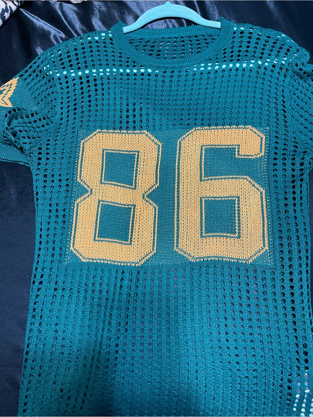 SHEIN Teal Open-Knit Jersey Top with Gold '86' Graphic